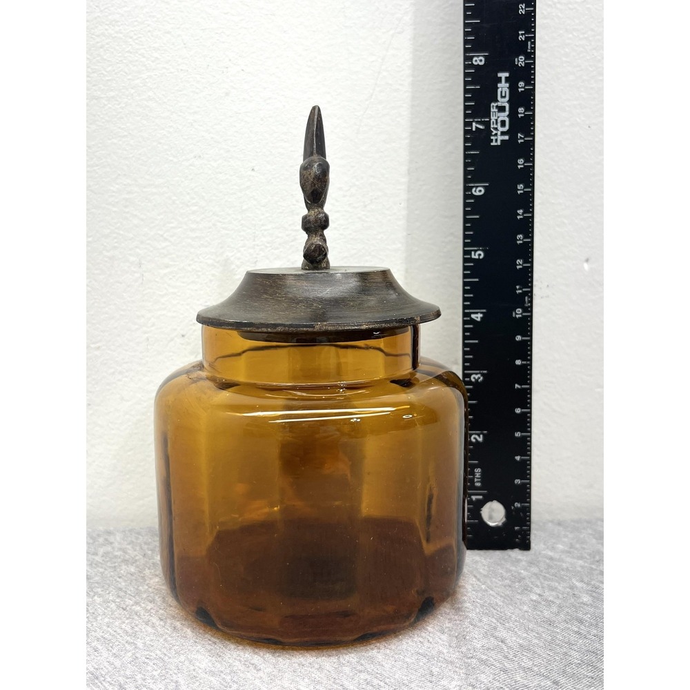 Amber Brown Glass Bottles Set 3 Fleur De Lis Lids Apothecary Canisters Unmarked - Picture 11 of 12
